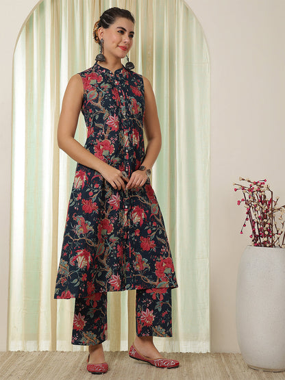 Cotton Calf Length Printed A-Line Sleeveless Sleeves Mandarin Kurta Bottom Set