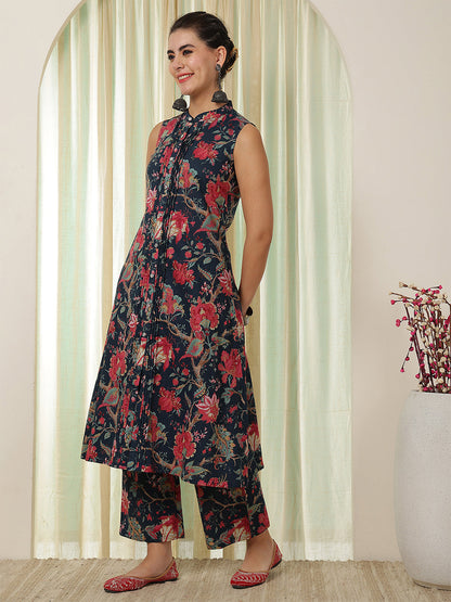 Cotton Calf Length Printed A-Line Sleeveless Sleeves Mandarin Kurta Bottom Set