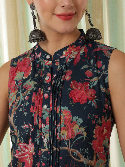 Cotton Calf Length Printed A-Line Sleeveless Sleeves Mandarin Kurta Bottom Set