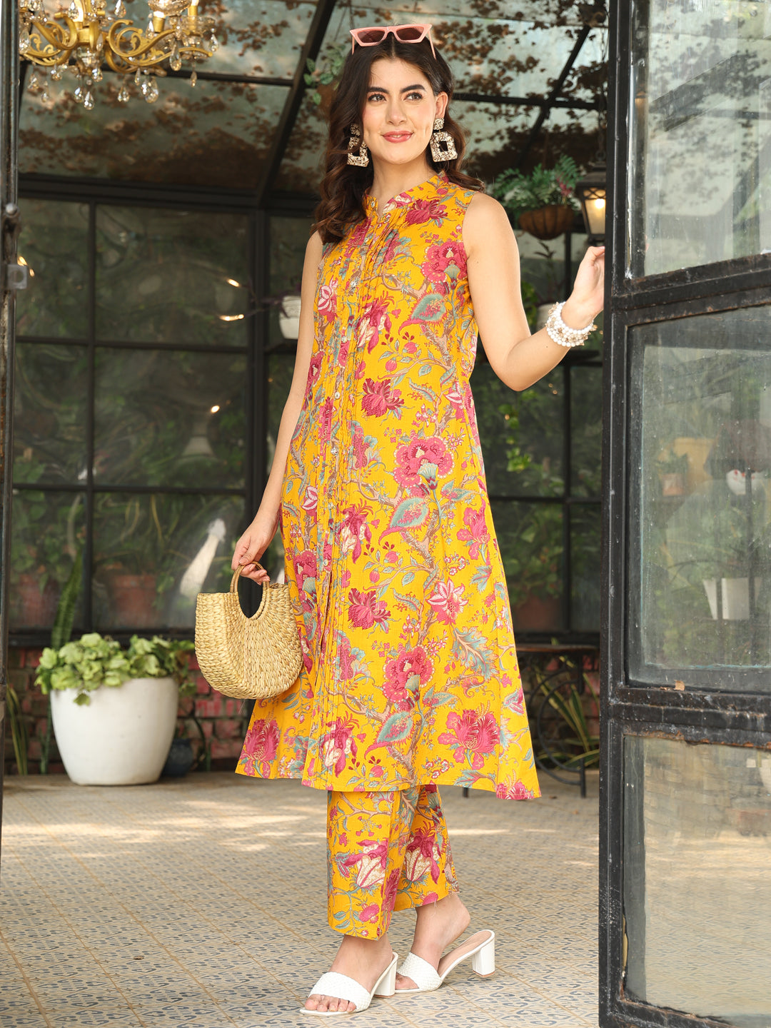 Cotton Calf Length Printed A-Line 3/4 Sleeves Mandarin Kurta Bottom Set