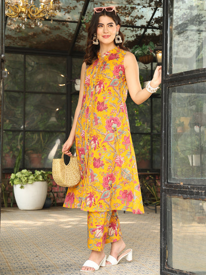 Cotton Calf Length Printed A-Line 3/4 Sleeves Mandarin Kurta Bottom Set