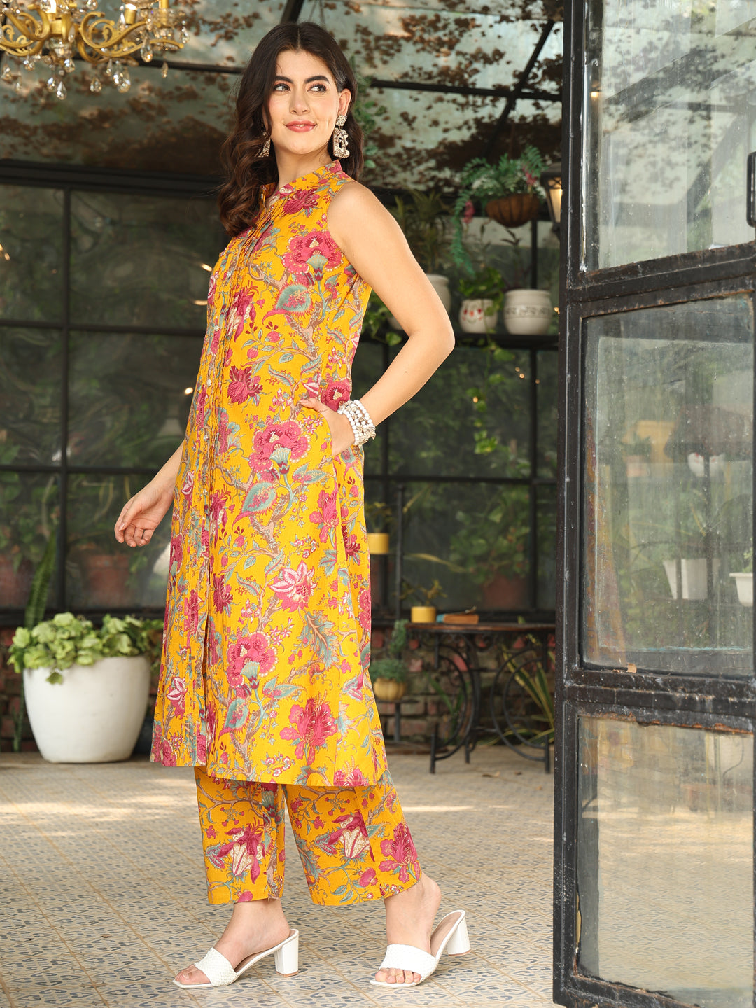 Cotton Calf Length Printed A-Line 3/4 Sleeves Mandarin Kurta Bottom Set