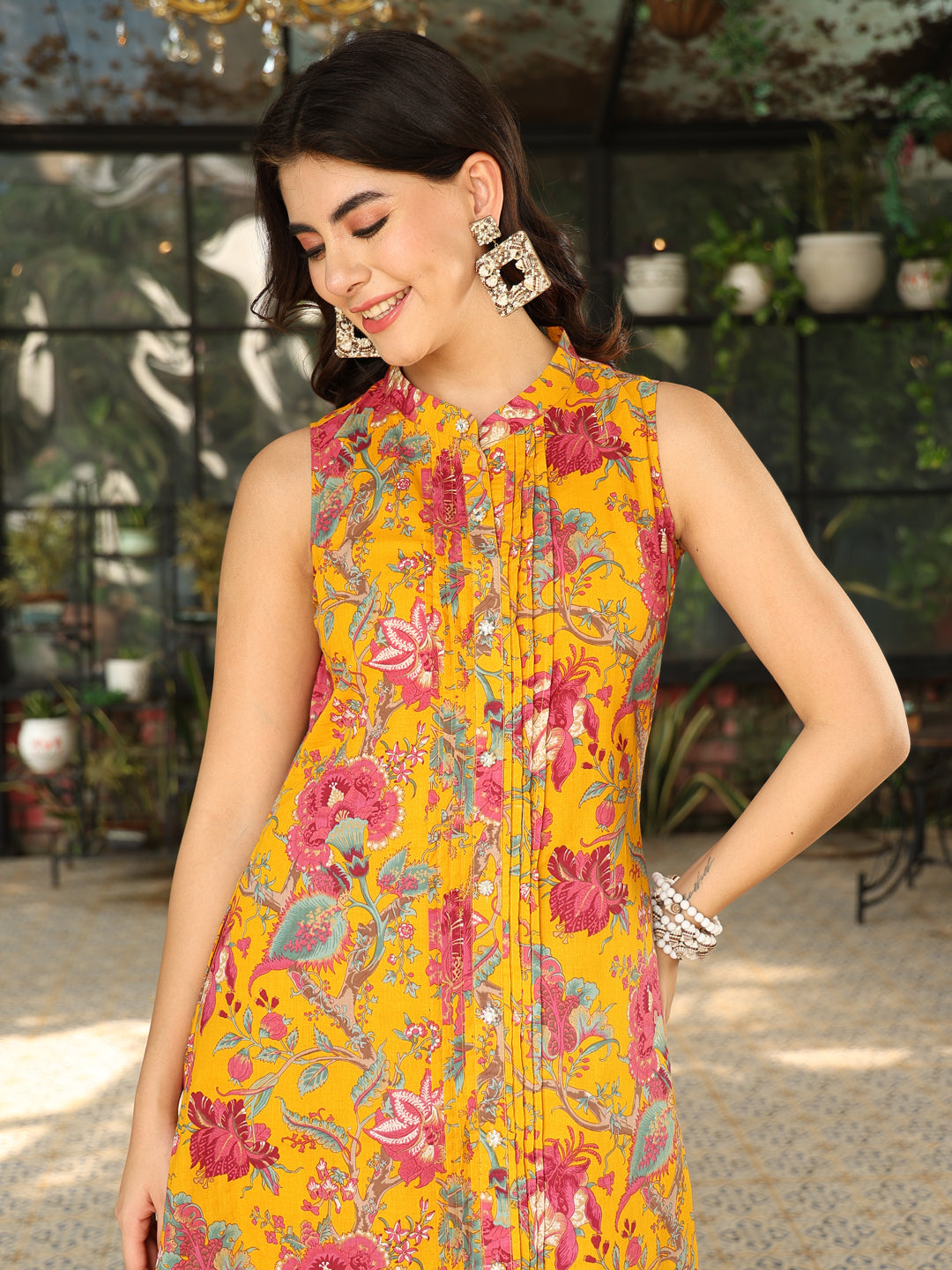 Cotton Calf Length Printed A-Line 3/4 Sleeves Mandarin Kurta Bottom Set