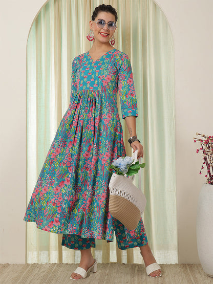 Cotton Calf Length Printed Flared 3/4 Sleeves V-Neck Kurta Bottom Set