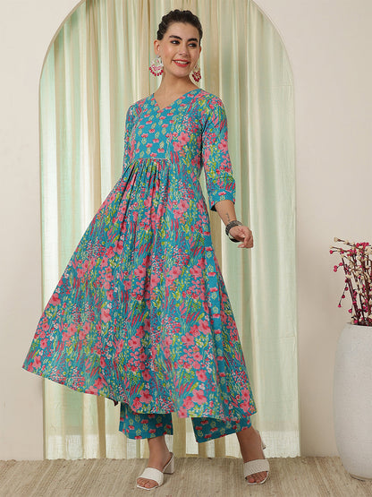 Cotton Calf Length Printed Flared 3/4 Sleeves V-Neck Kurta Bottom Set