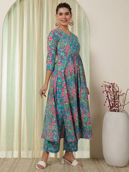 Cotton Calf Length Printed Flared 3/4 Sleeves V-Neck Kurta Bottom Set