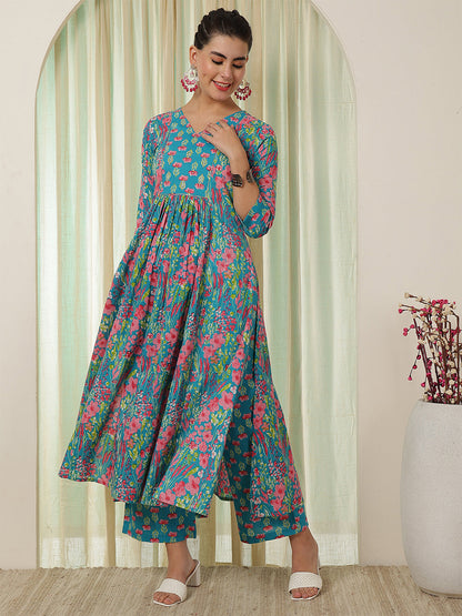 Cotton Calf Length Printed Flared 3/4 Sleeves V-Neck Kurta Bottom Set