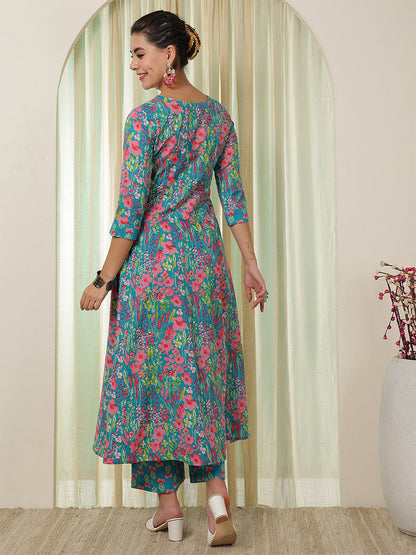 Cotton Calf Length Printed Flared 3/4 Sleeves V-Neck Kurta Bottom Set