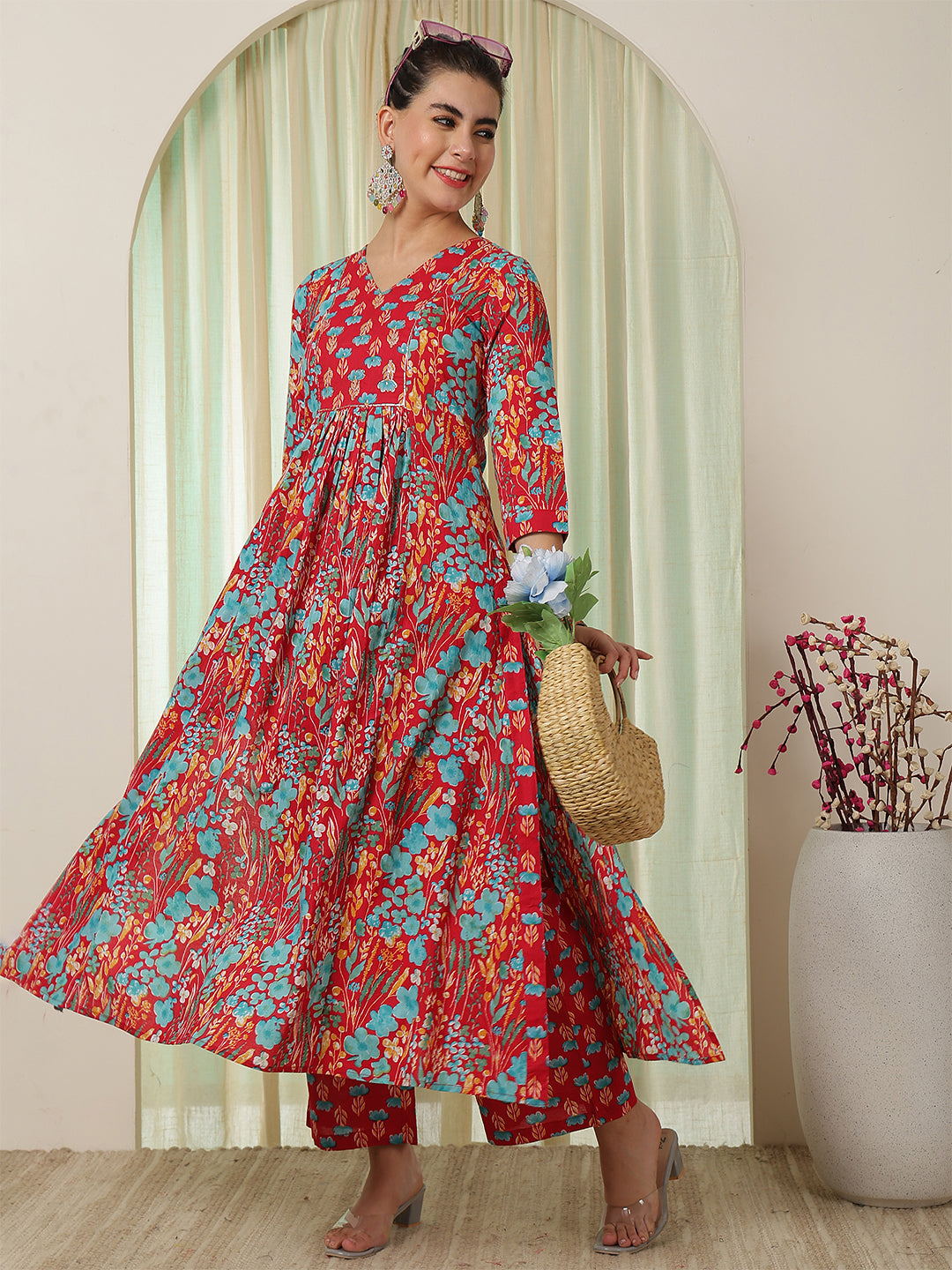 Cotton Calf Length Printed Flared 3/4 Sleeves V-Neck Kurta Bottom Set