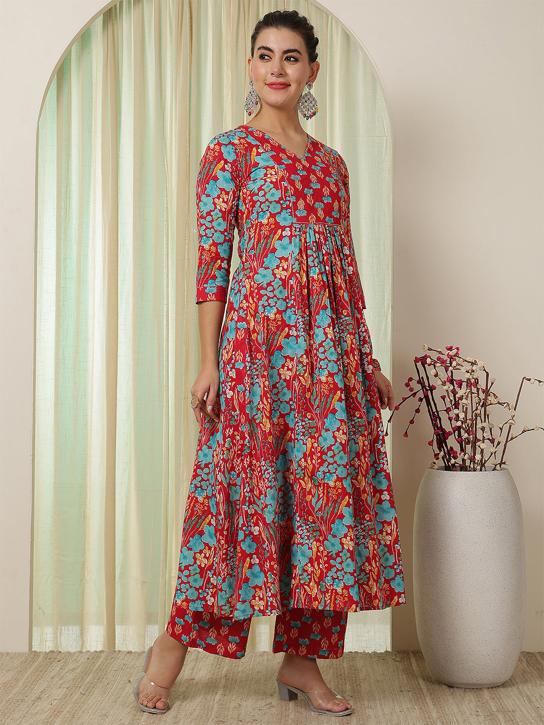 Cotton Calf Length Printed Flared 3/4 Sleeves V-Neck Kurta Bottom Set
