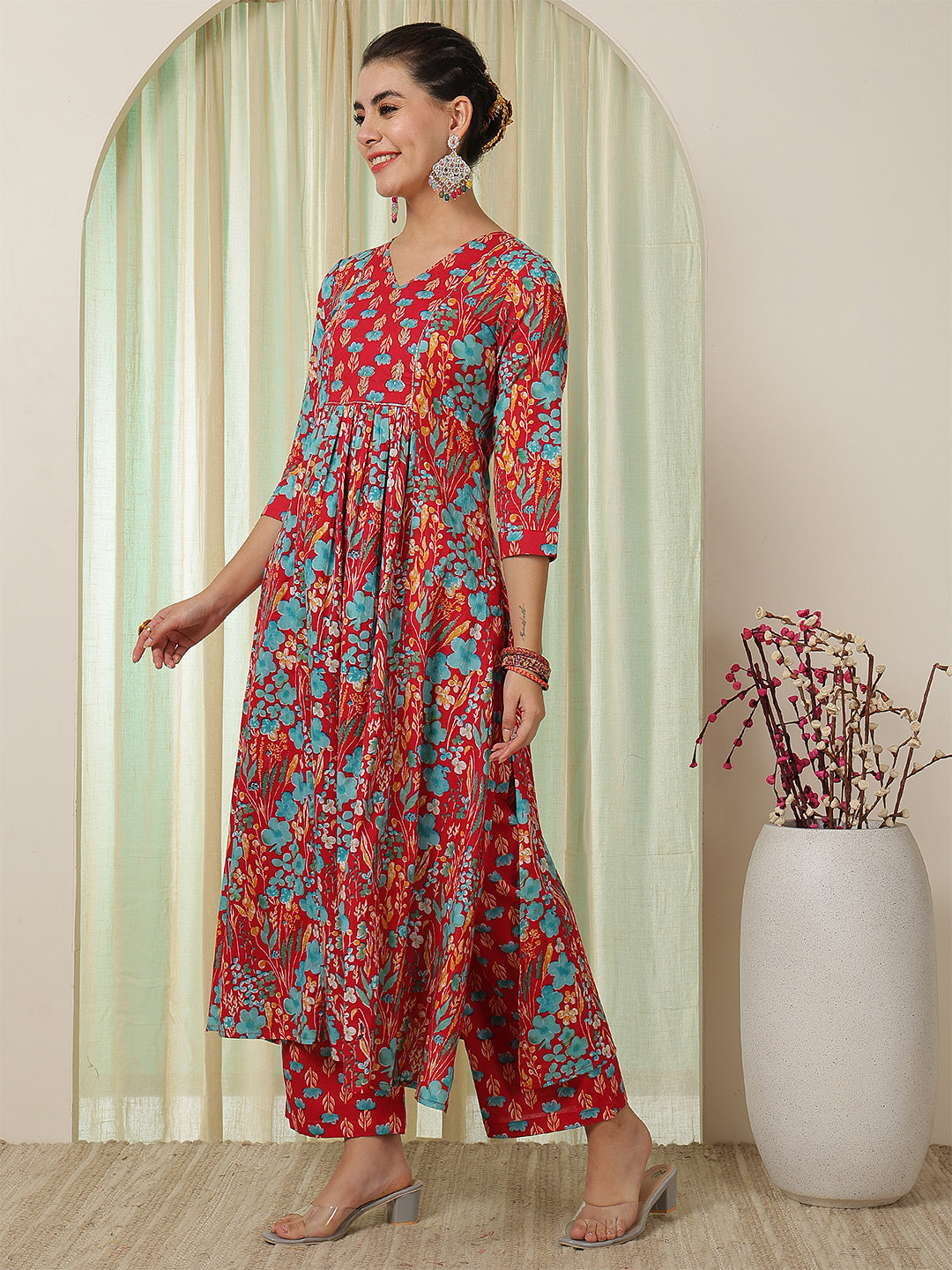 Cotton Calf Length Printed Flared 3/4 Sleeves V-Neck Kurta Bottom Set
