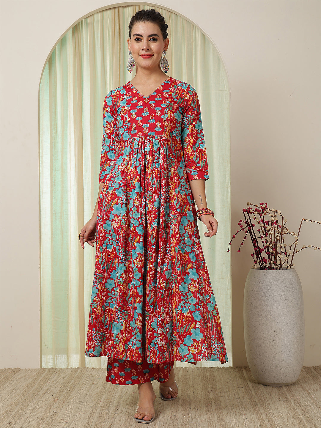 Cotton Calf Length Printed Flared 3/4 Sleeves V-Neck Kurta Bottom Set