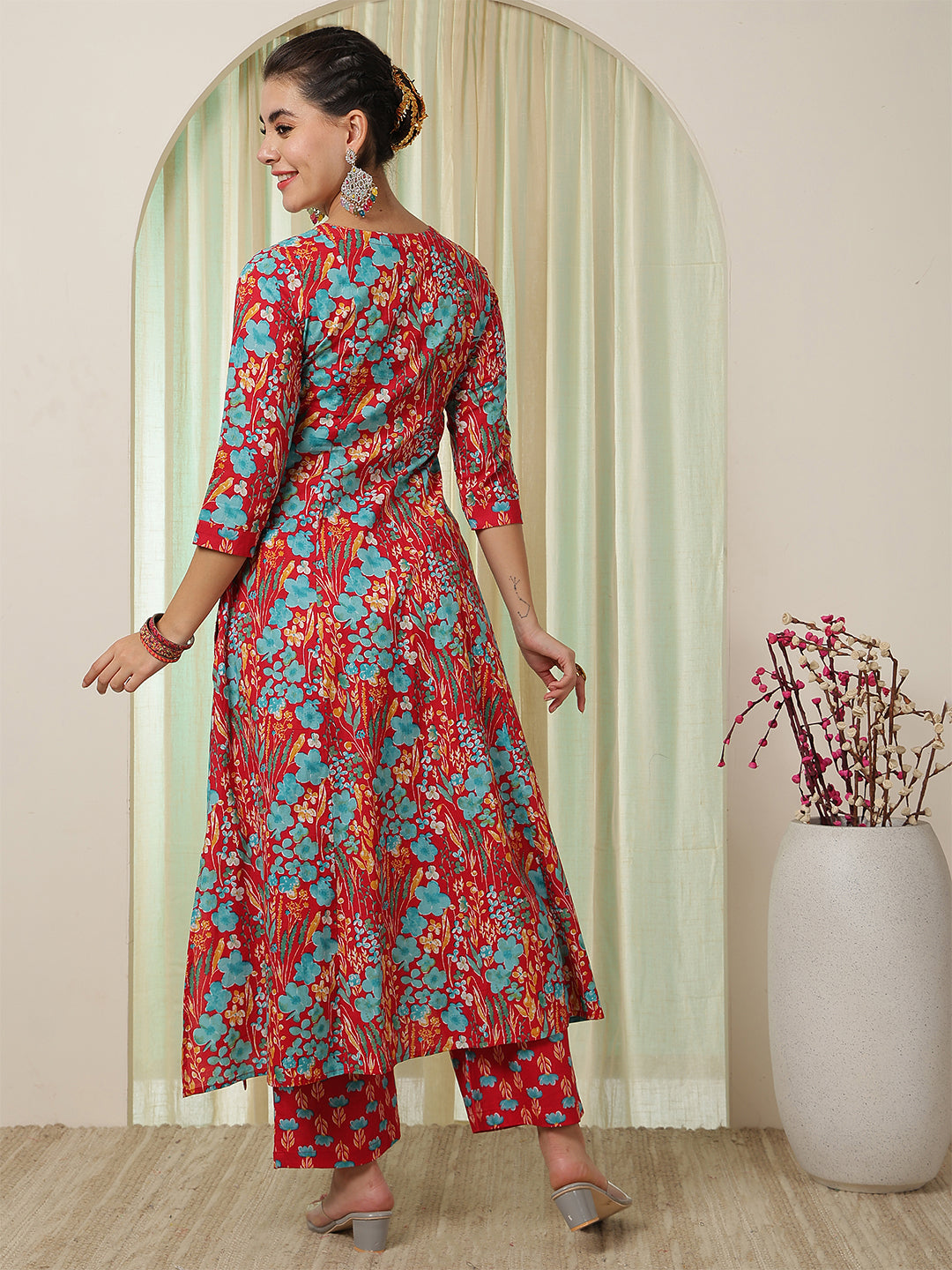 Cotton Calf Length Printed Flared 3/4 Sleeves V-Neck Kurta Bottom Set