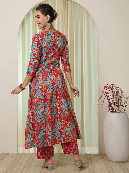 Cotton Calf Length Printed Flared 3/4 Sleeves V-Neck Kurta Bottom Set