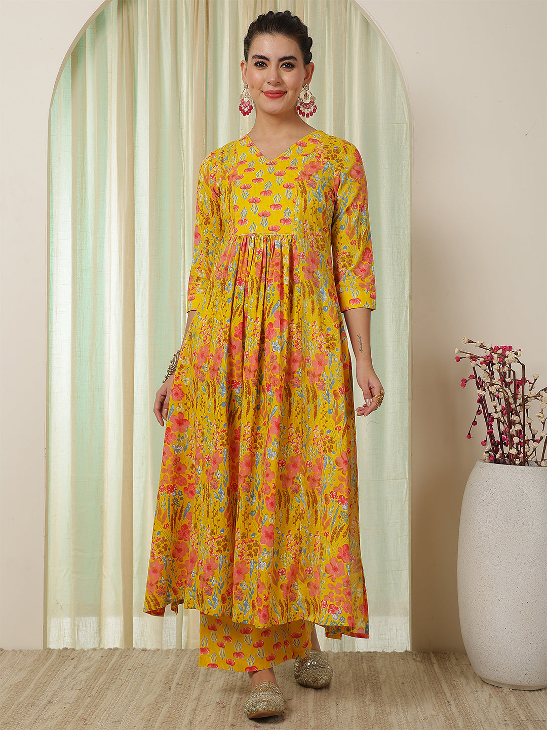 Cotton Calf Length Printed Flared 3/4 Sleeves V-Neck Kurta Bottom Set