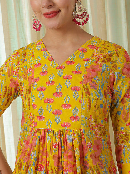 Cotton Calf Length Printed Flared 3/4 Sleeves V-Neck Kurta Bottom Set
