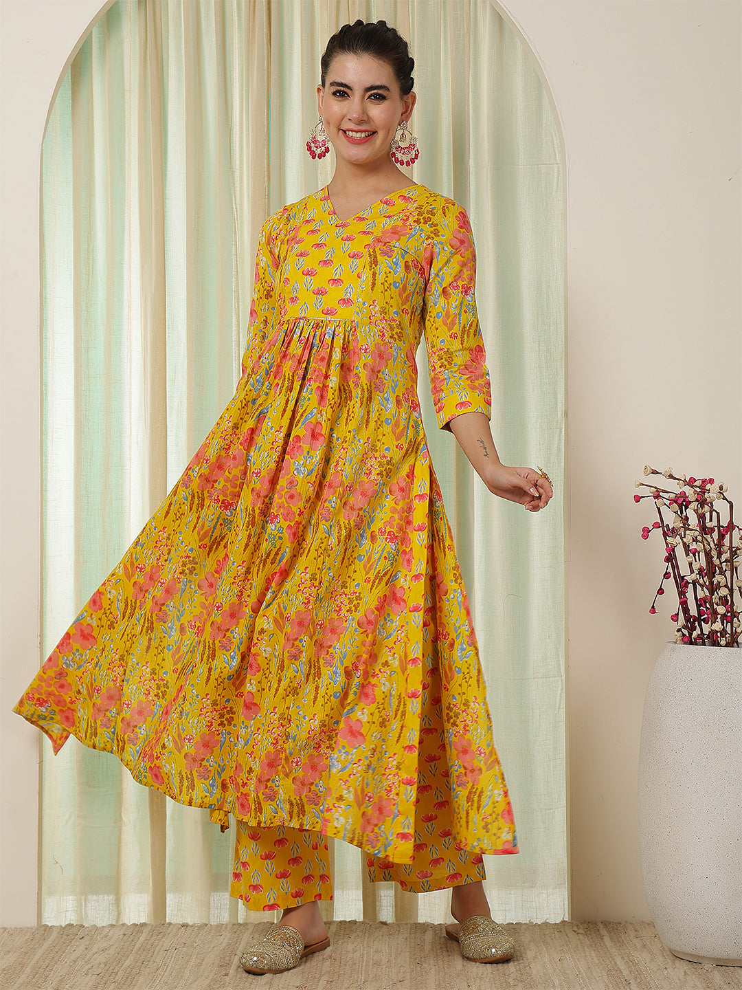 Cotton Calf Length Printed Flared 3/4 Sleeves V-Neck Kurta Bottom Set