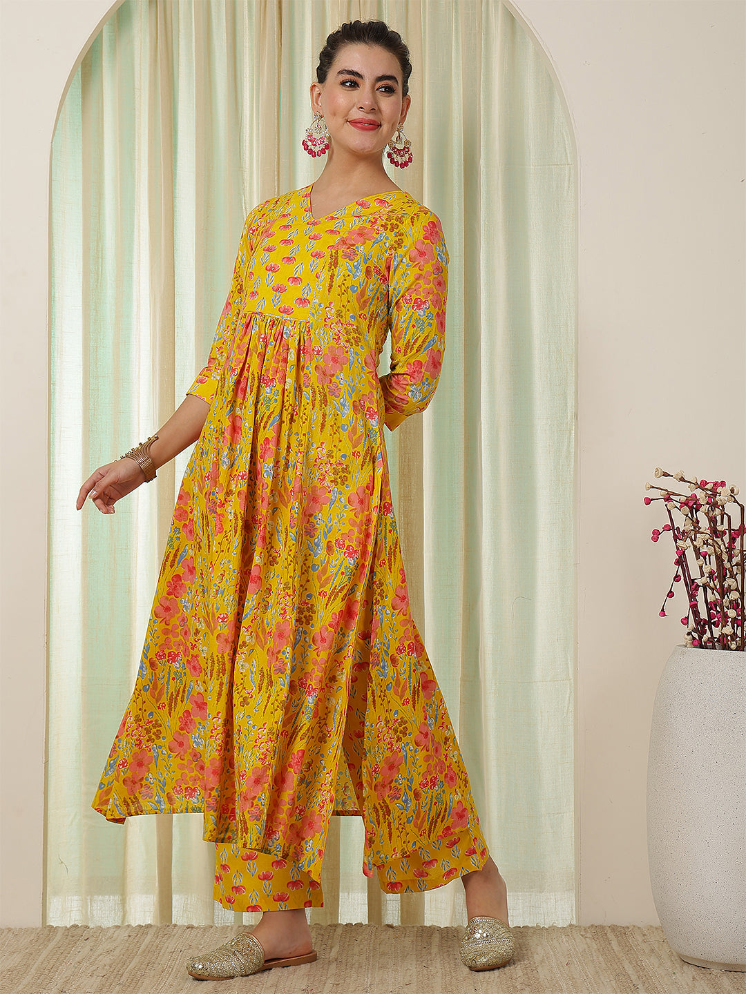 Cotton Calf Length Printed Flared 3/4 Sleeves V-Neck Kurta Bottom Set