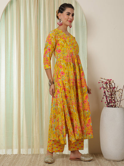 Cotton Calf Length Printed Flared 3/4 Sleeves V-Neck Kurta Bottom Set