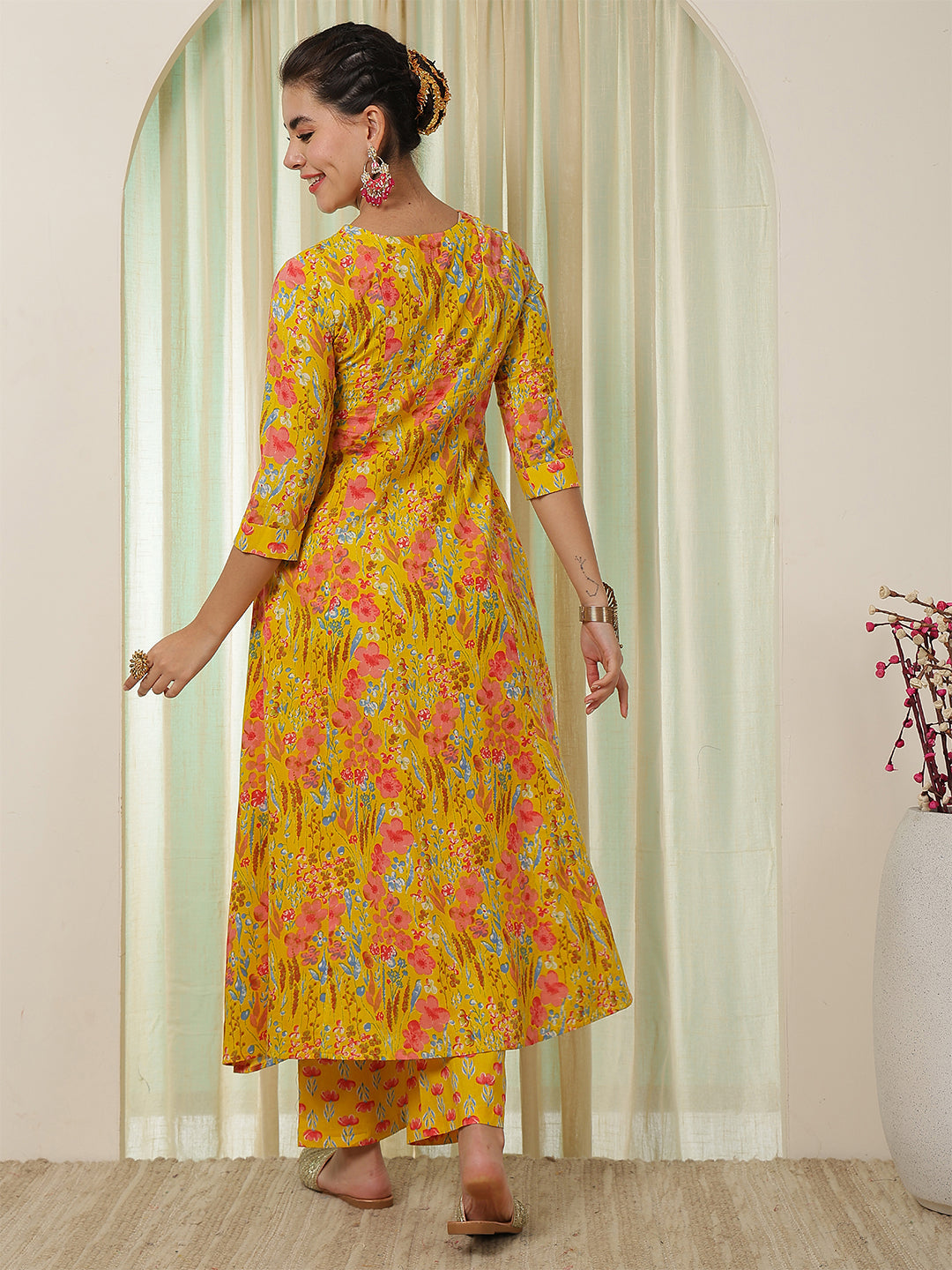 Cotton Calf Length Printed Flared 3/4 Sleeves V-Neck Kurta Bottom Set