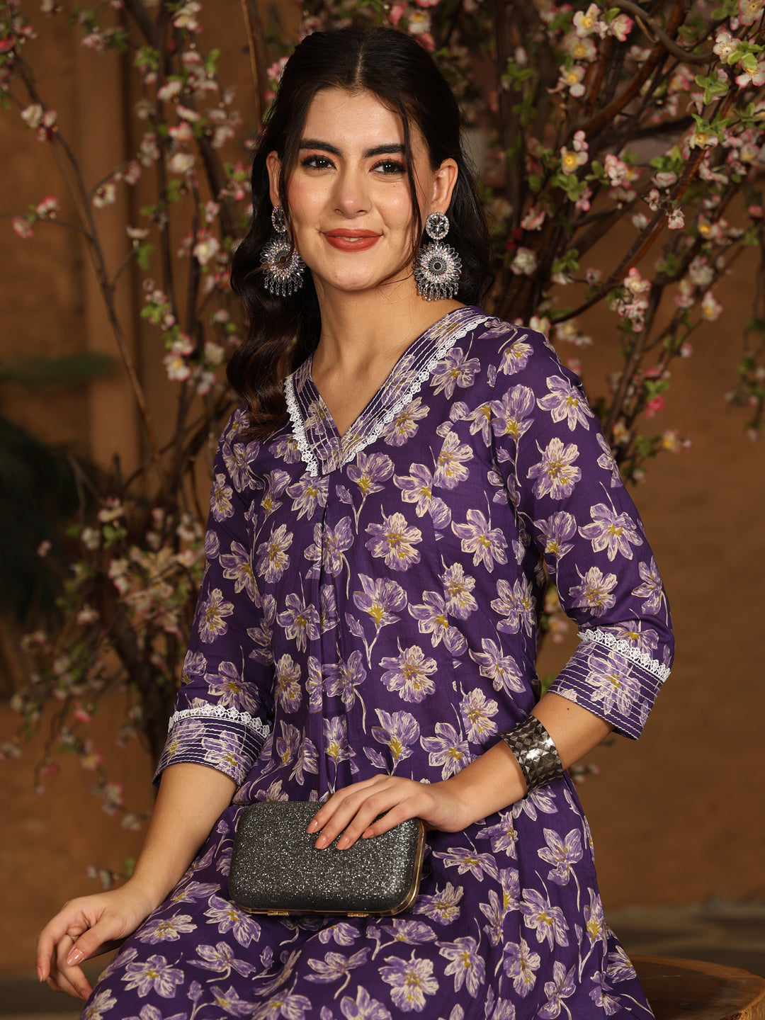 Rayon Calf Length Printed Flared 3/4 Sleeves V-Neck Kurta Bottom Set