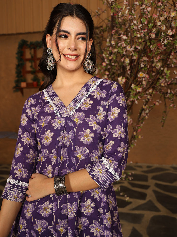 Rayon Calf Length Printed Flared 3/4 Sleeves V-Neck Kurta Bottom Set