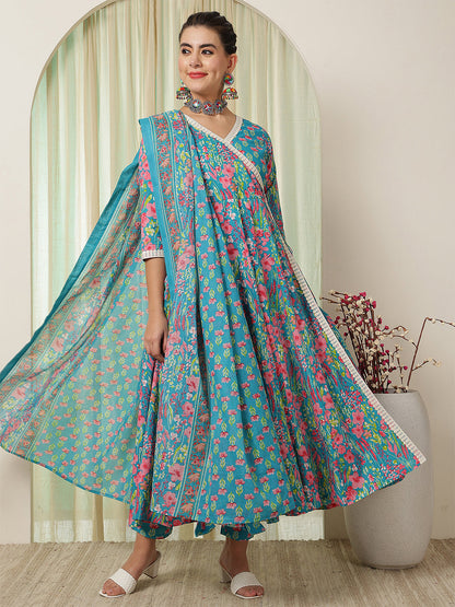 Cotton Calf Length Printed Flared 3/4 Sleeves V-Neck Kurta Suit Set