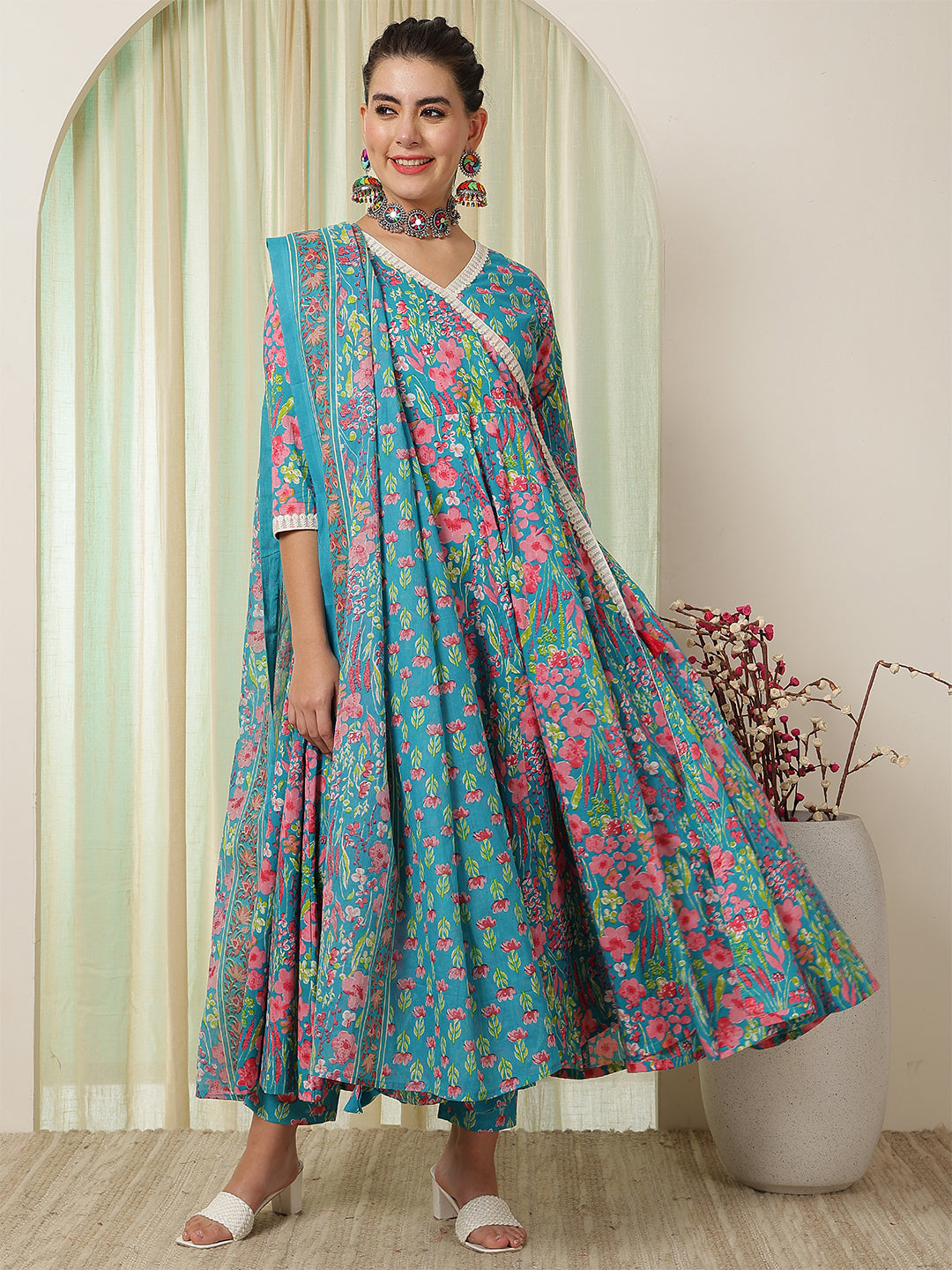 Cotton Calf Length Printed Flared 3/4 Sleeves V-Neck Kurta Suit Set