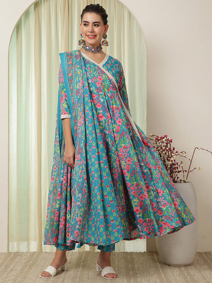 Cotton Calf Length Printed Flared 3/4 Sleeves V-Neck Kurta Suit Set