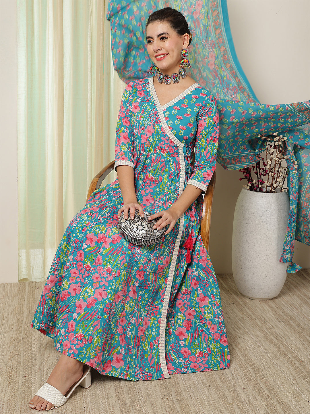 Cotton Calf Length Printed Flared 3/4 Sleeves V-Neck Kurta Suit Set