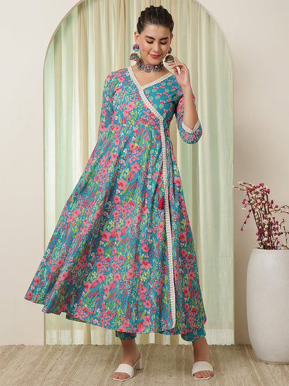 Cotton Calf Length Printed Flared 3/4 Sleeves V-Neck Kurta Suit Set