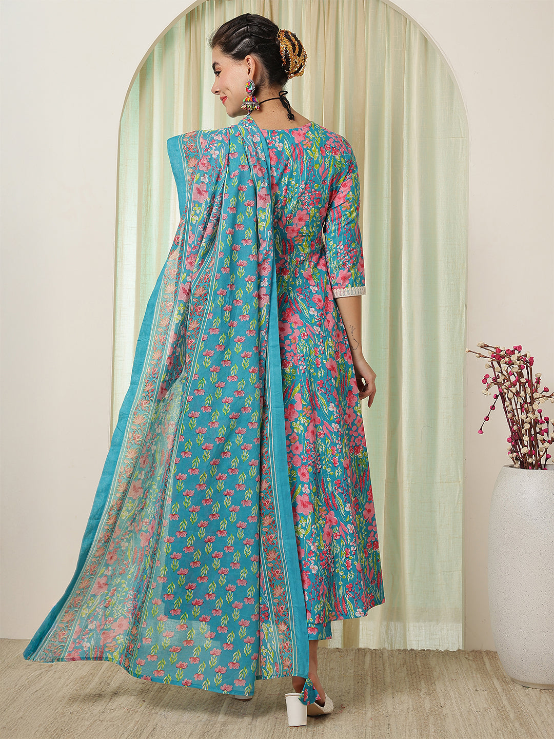 Cotton Calf Length Printed Flared 3/4 Sleeves V-Neck Kurta Suit Set