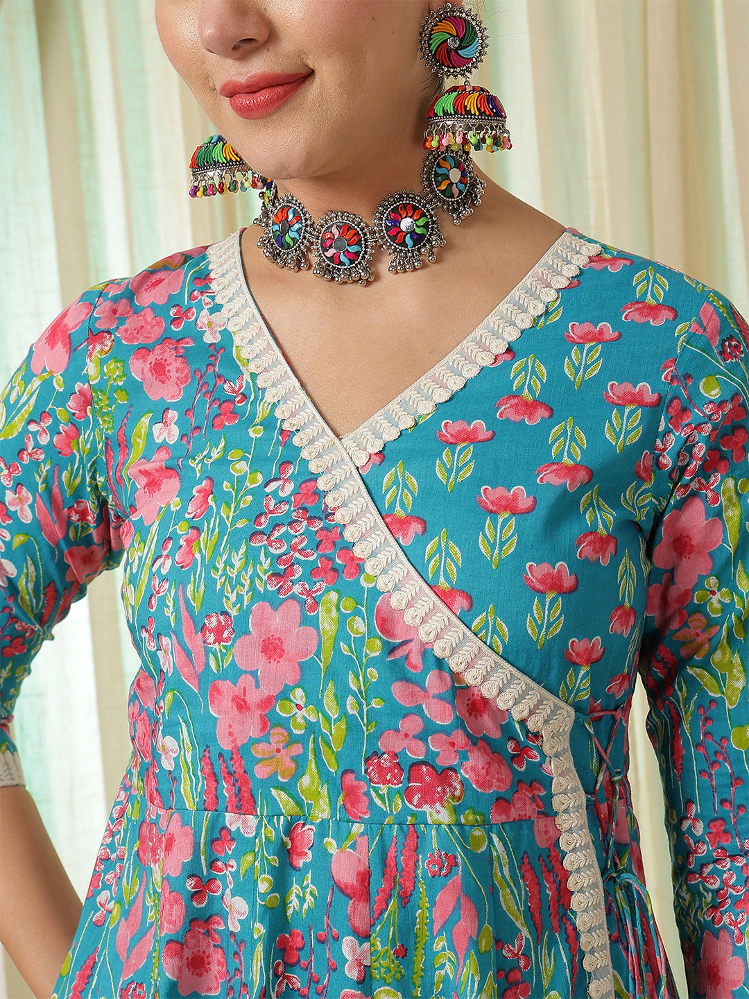 Cotton Calf Length Printed Flared 3/4 Sleeves V-Neck Kurta Suit Set