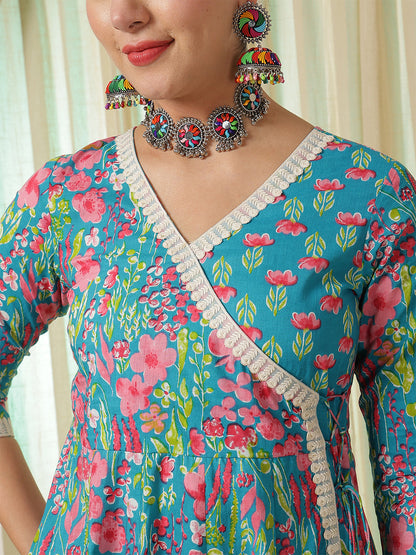 Cotton Calf Length Printed Flared 3/4 Sleeves V-Neck Kurta Suit Set