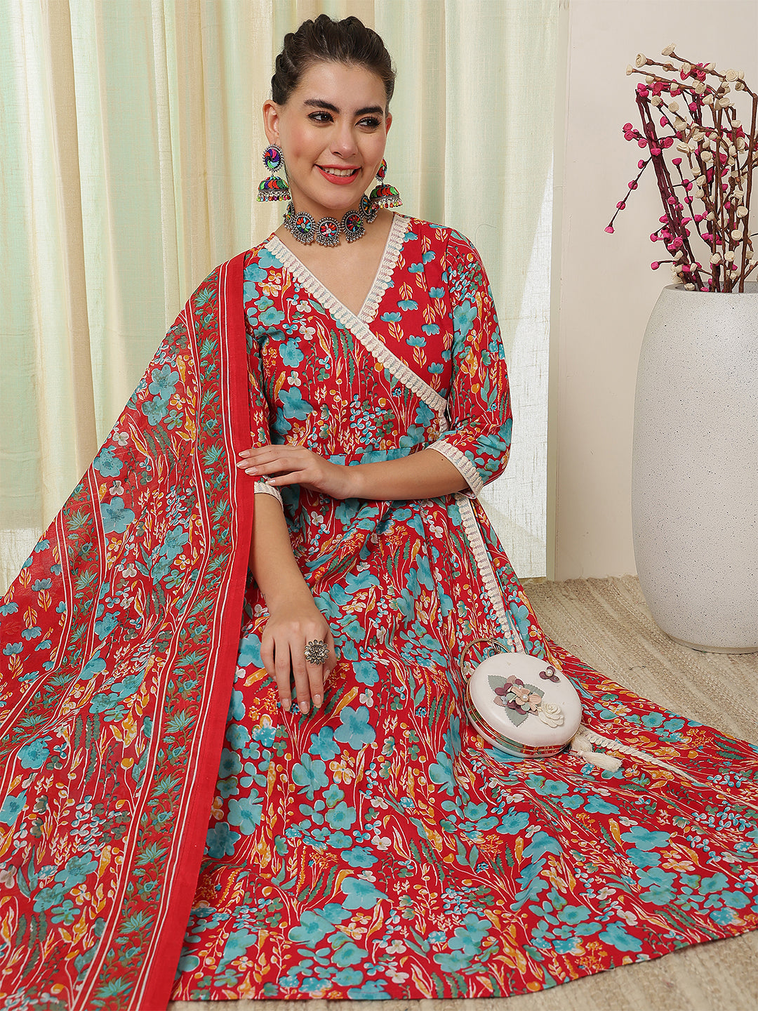 Cotton Calf Length Printed Flared 3/4 Sleeves V-Neck Kurta Suit Set