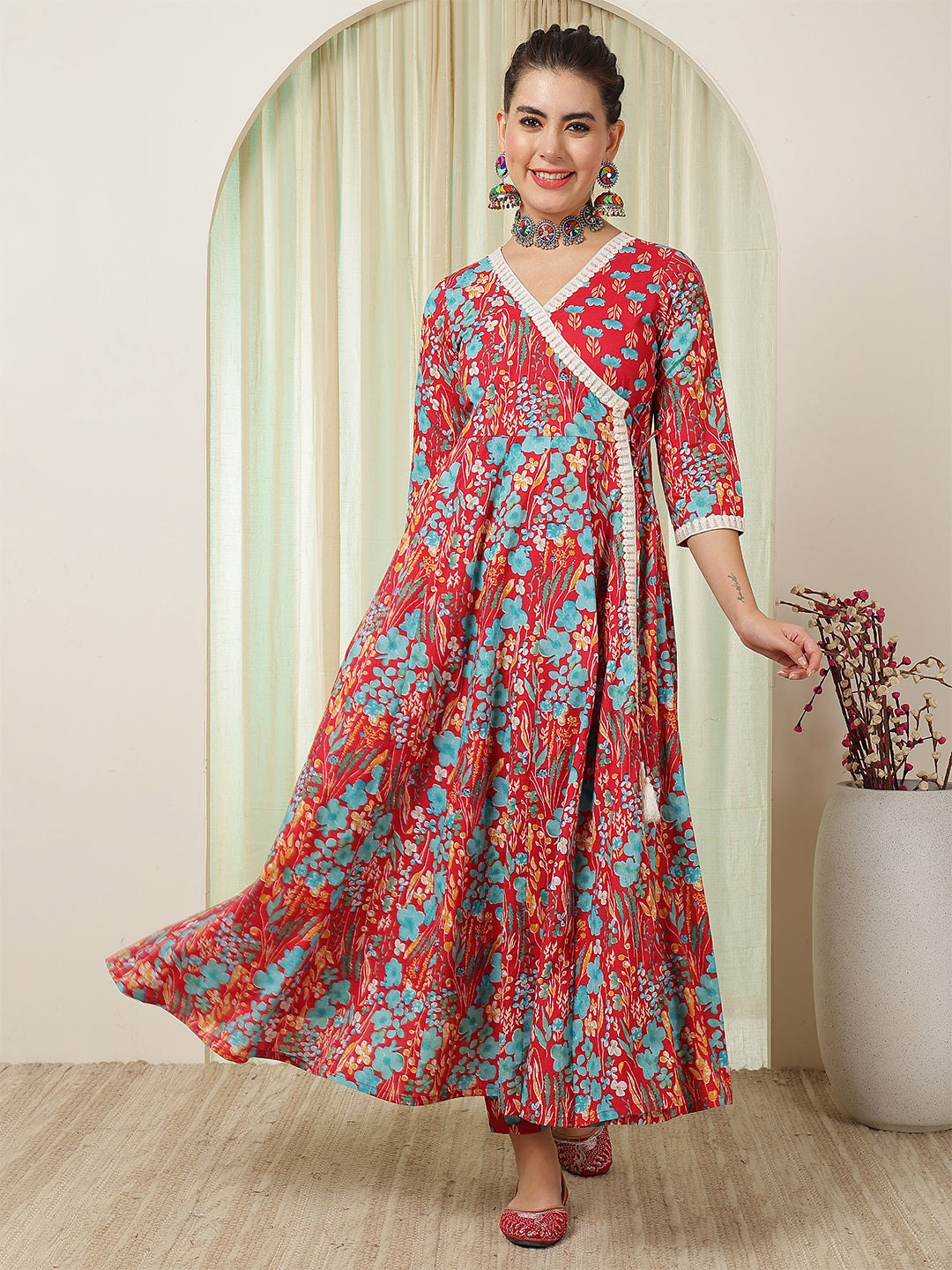 Cotton Calf Length Printed Flared 3/4 Sleeves V-Neck Kurta Suit Set