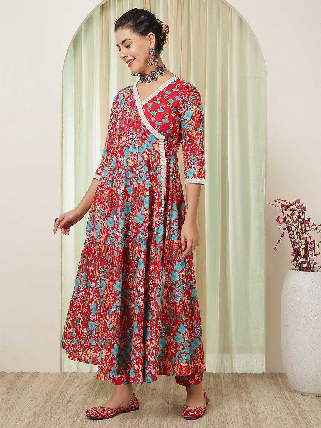 Cotton Calf Length Printed Flared 3/4 Sleeves V-Neck Kurta Suit Set