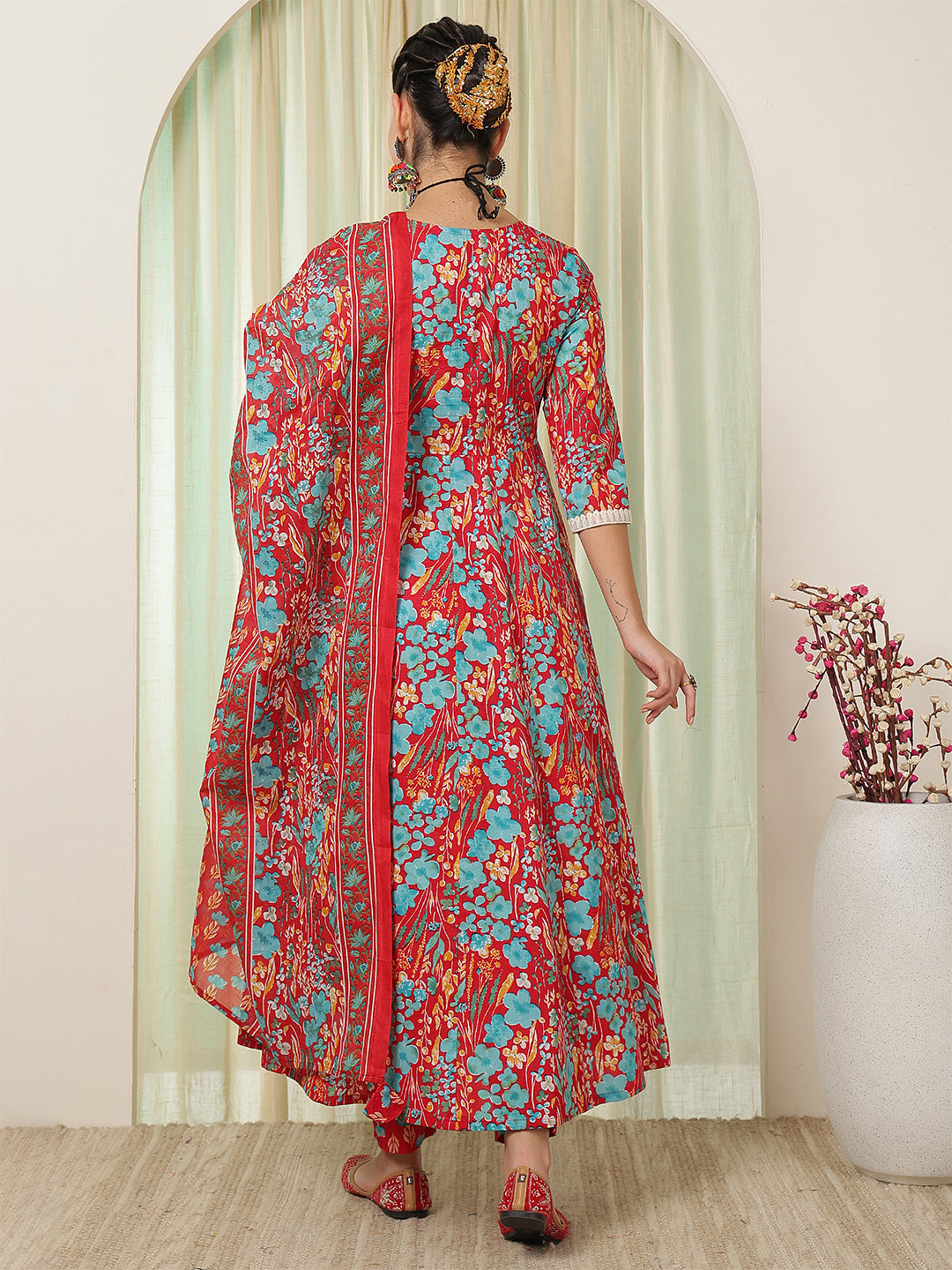 Cotton Calf Length Printed Flared 3/4 Sleeves V-Neck Kurta Suit Set