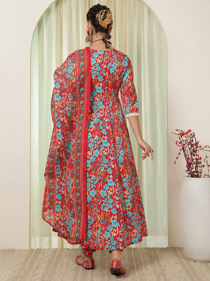 Cotton Calf Length Printed Flared 3/4 Sleeves V-Neck Kurta Suit Set