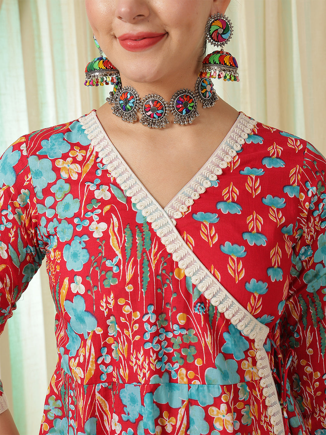 Cotton Calf Length Printed Flared 3/4 Sleeves V-Neck Kurta Suit Set