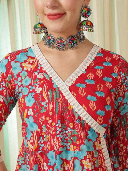 Cotton Calf Length Printed Flared 3/4 Sleeves V-Neck Kurta Suit Set