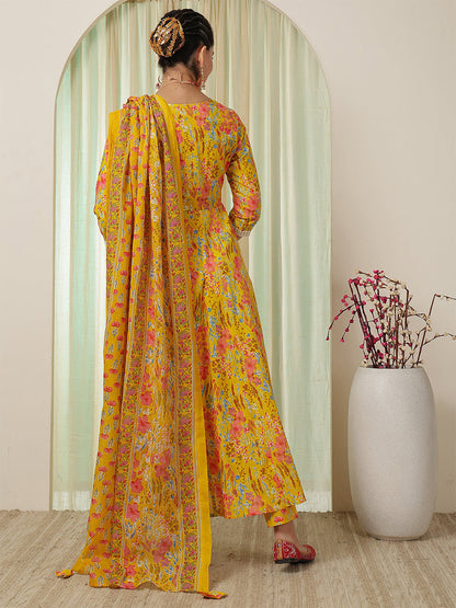 Cotton Calf Length Printed Flared 3/4 Sleeves V-Neck Kurta Suit Set
