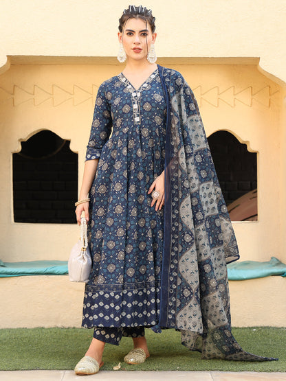 Cotton Calf Length Printed Flared 3/4 Sleeves V-Neck Kurta Suit Set