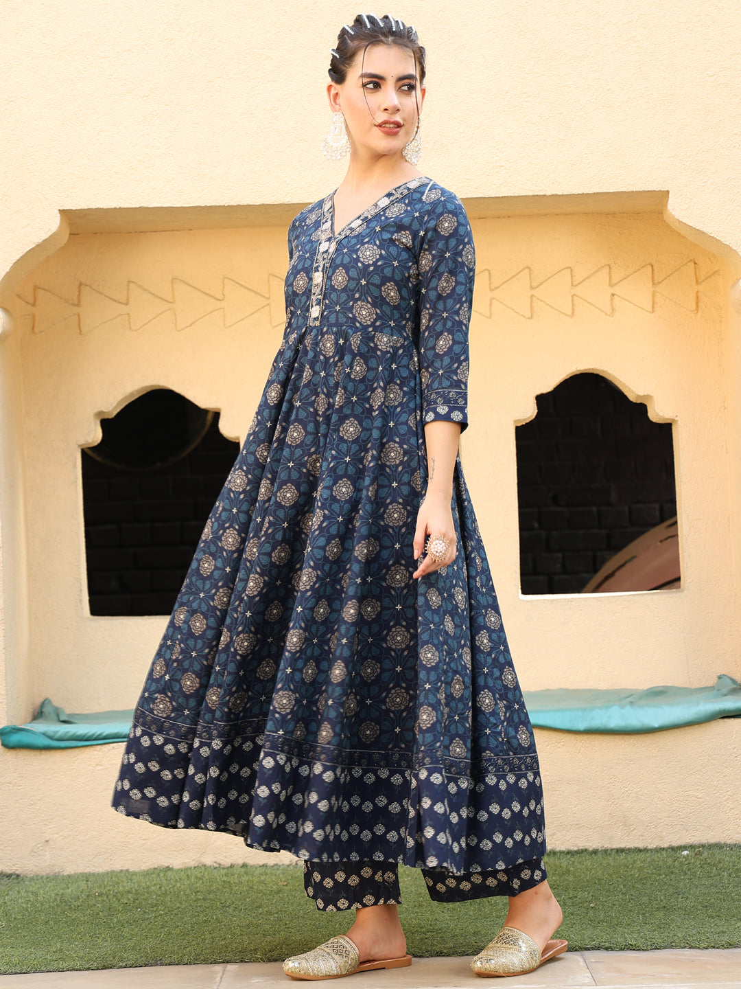 Cotton Calf Length Printed Flared 3/4 Sleeves V-Neck Kurta Suit Set