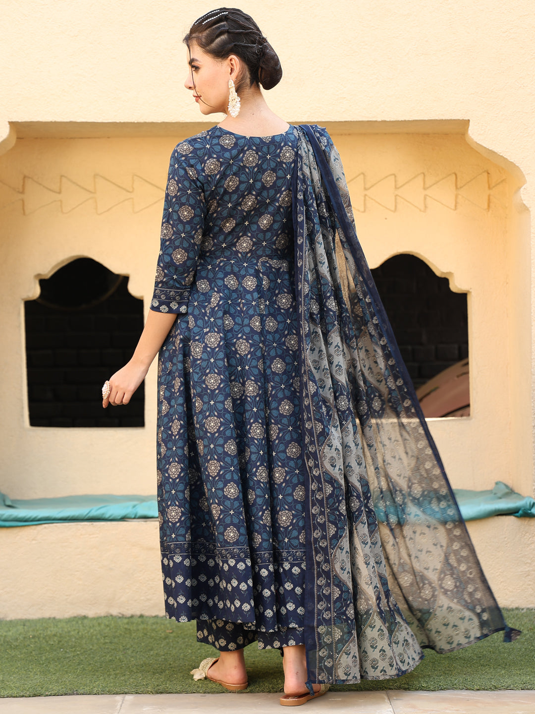 Cotton Calf Length Printed Flared 3/4 Sleeves V-Neck Kurta Suit Set