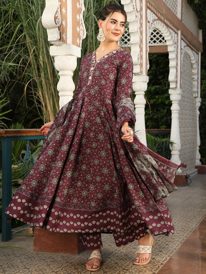 Cotton Calf Length Printed Flared 3/4 Sleeves V-Neck Kurta Suit Set