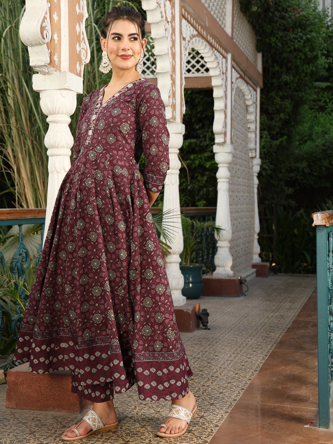 Cotton Calf Length Printed Flared 3/4 Sleeves V-Neck Kurta Suit Set