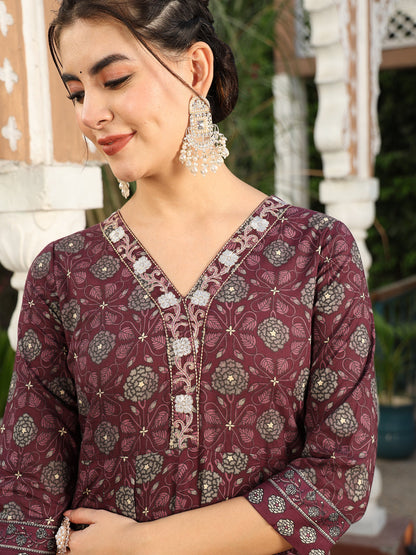 Cotton Calf Length Printed Flared 3/4 Sleeves V-Neck Kurta Suit Set