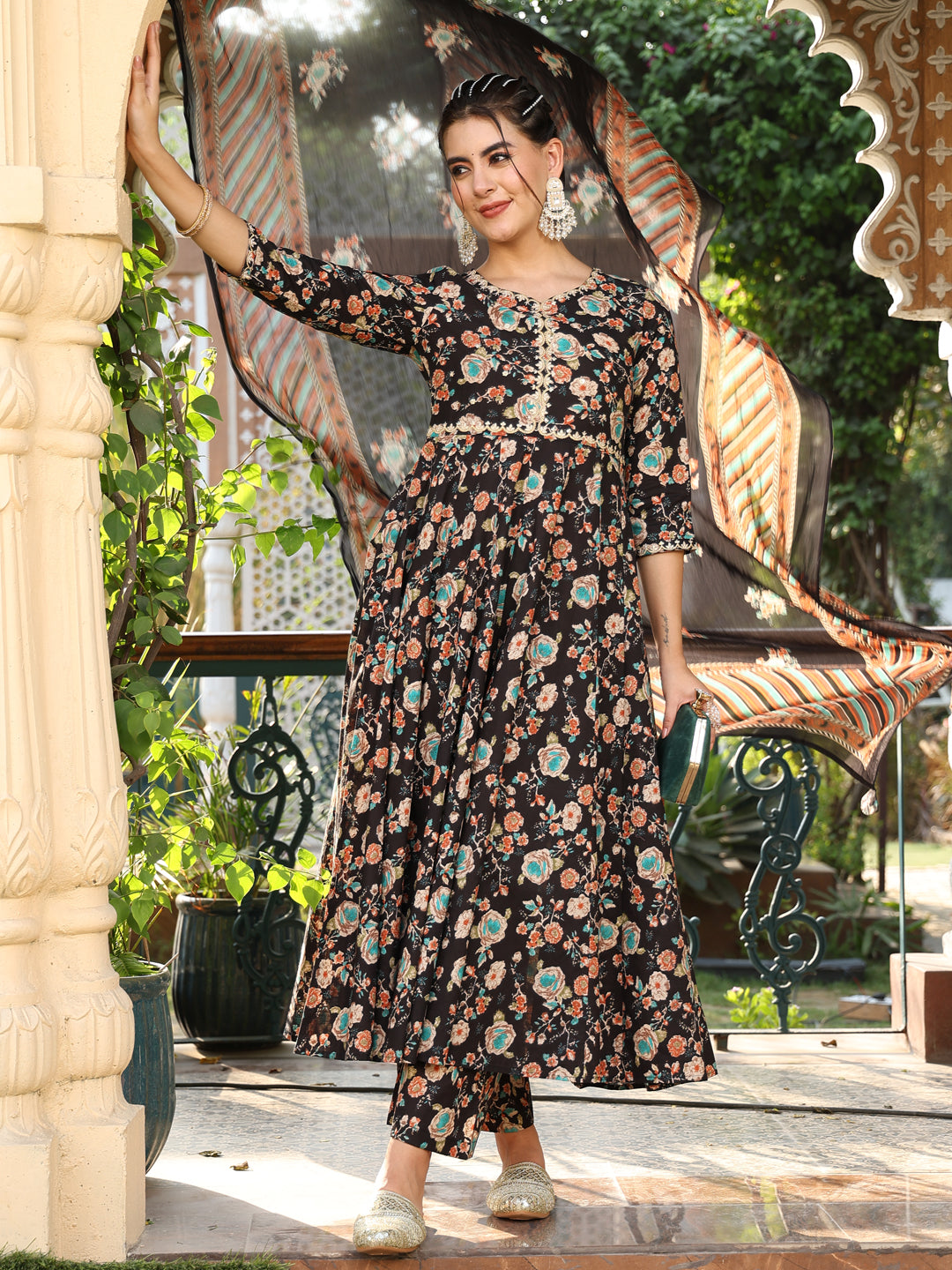 Cotton Calf Length Printed Flared 3/4 Sleeves Round Neck Kurta Suit Set