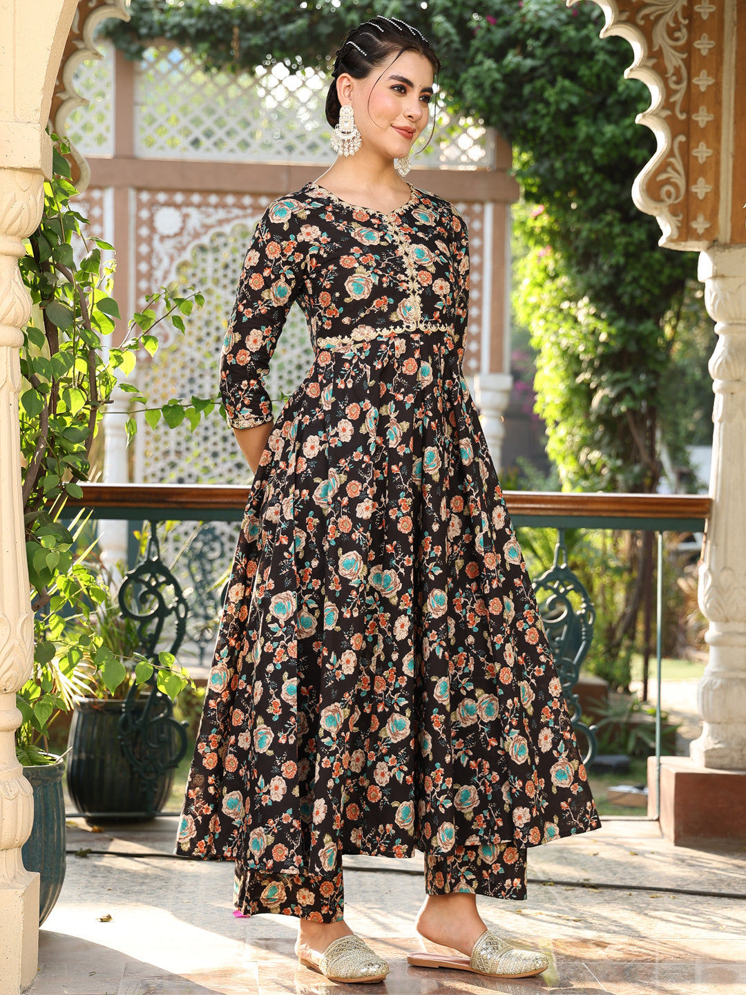 Cotton Calf Length Printed Flared 3/4 Sleeves Round Neck Kurta Suit Set